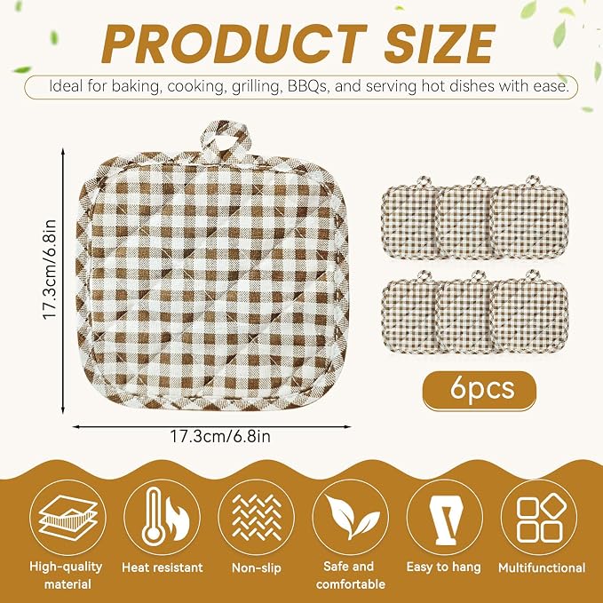 4pcs Pot Holders for Kitchen, Cotton Kitchen Hot Pads, Heat Resistant Oven Mitts and Pot Holders Sets (Khaki Plaid,6)