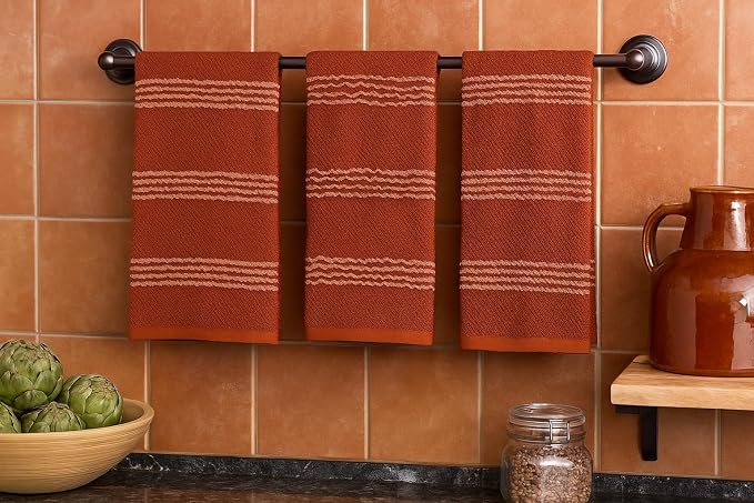 Terracotta Orange Rust Kitchen Dish Towels, 3 PC, 100% Cotton, 18" x 28" | Modern Farmhouse Textured Stripe Weave, Oversized Dish Cloth, Soft & Absorbent, Quick Dry, Multipurpose Everyday Use