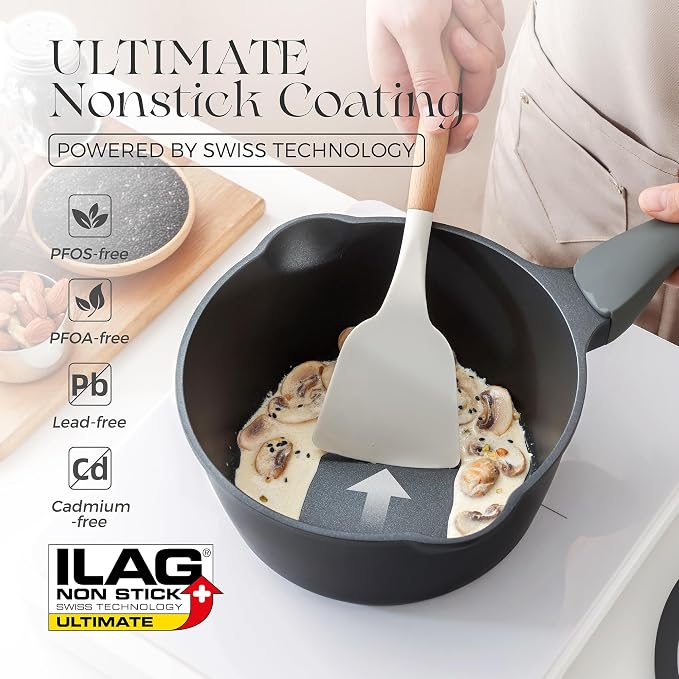 PRICUSIS Nonstick Saucepan with Lid, 2 Quart Non Toxic Pot with Pour Spouts, Full Coated, 100% Dishwasher Safe, Induction Compatible, PFOS & PFOA Free, Black Sesame