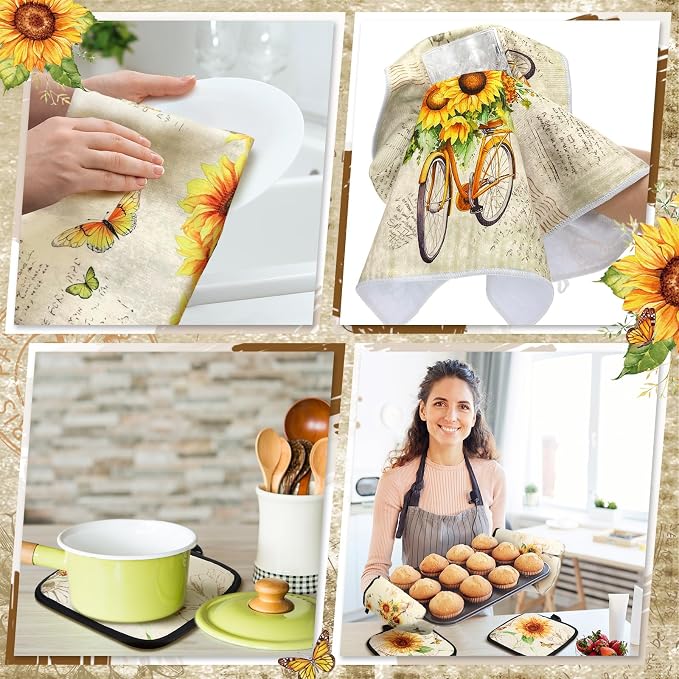 Fourluoo 10 Pcs Sunflower Kitchen Dish Towels Rugs Oven Mitts and Pot Holders Set Farmhouse Kitchen Decor Set for Women Mom Daughter Gift Cooking Baking Grilling (Retro Yellow)