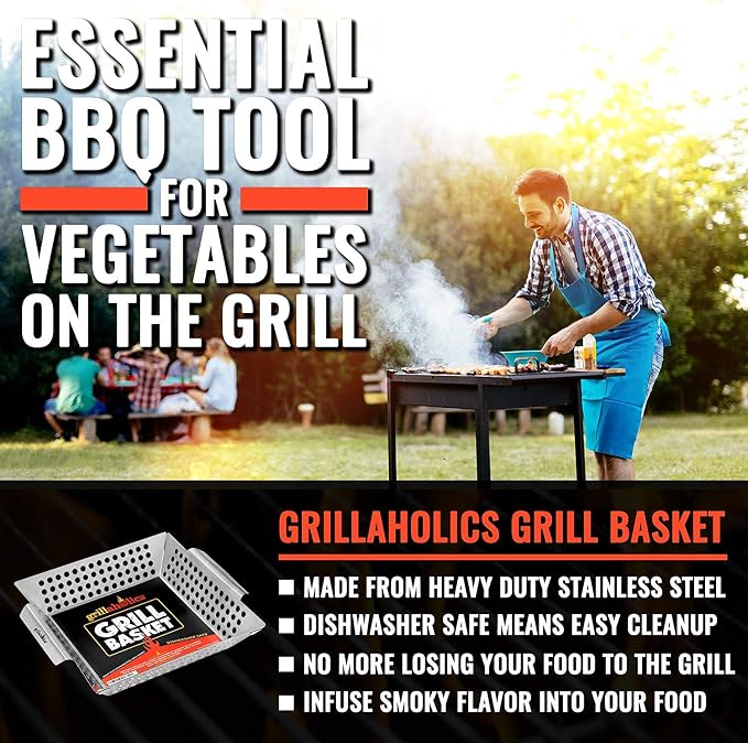 Grillaholics Grill Basket for Outdoor Grill - Durable Premium Stainless Steel Vegetable Grill Basket - XL Family Size BBQ Grill Basket - Perfect Grilling Accessories for Veggies, Fish, Shrimp & Kebabs | Family-Sized | Dishwasher Safe | Stainless Steel ...