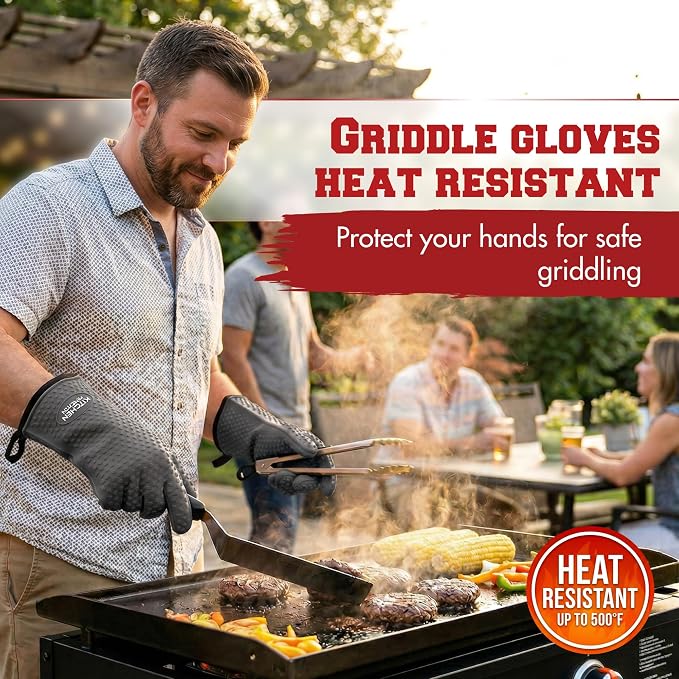 KITCHEN PERFECTION Silicone Griddle Grill Gloves Heat Resistant Oven Mitts | Waterproof, 5-Finger Design For A Better Grip, Best Griddle Grilling Accessories, Compatible with Blackstone, Weber & More