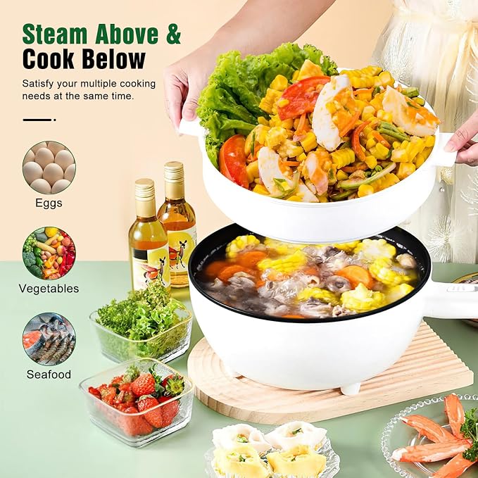 Hot Pot Electric with Steamer, 3L Non-Stick Frying Pan, Rapid Noodles Cooker Electric Pot for Steak, Egg, Fried Rice, Ramen, Soup with 2 Heating Power, Spatula