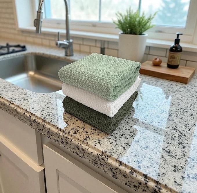 Sage White Dark Green Kitchen Dish Towels, Set of 3, 100% Cotton, 18" x 28" | Terry Loop Textured, Soft & Absorbent Cleaning Cloth, Quick Dry, Multipurpose for Everyday Use
