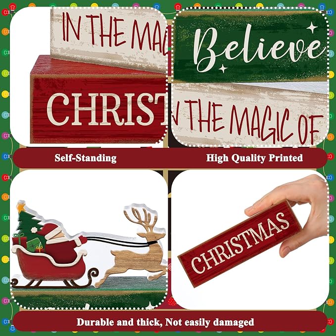 Lineshading 4 Pcs Christmas Table Decorations Wooden Stacked Block Santa | Rustic Farmhouse Block Sign with Believe Message, Tiered Tray Decor for Home Shelf, Xmas Decorations for Mantel Party