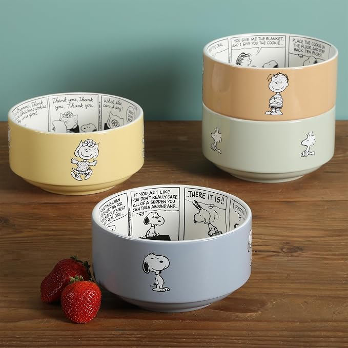 Peanuts Snoopy Bonbon Bites 4-Piece 5.5-Inch Decorated Stoneware Ceramic Stackable Bowl Set, Microwave & Dishwasher Safe Snack and Dessert Bowls