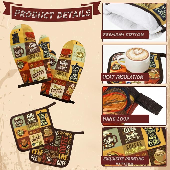 Bencailor 6 Pcs Coffee Kitchen Decor Coffee Kitchen Towels Brown Pot Holders and Oven Mitts Sets 2 Farmhouse Cooking Mittens for Cooking Grilling Supply Accessories