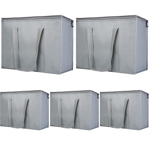 Bodaon 5-Pack Insulated Reusable Grocery Shopping Bags, X-Large Picnic Cooler Bag Cold, Insulated Food/Pizza Delivery Bag, Grey