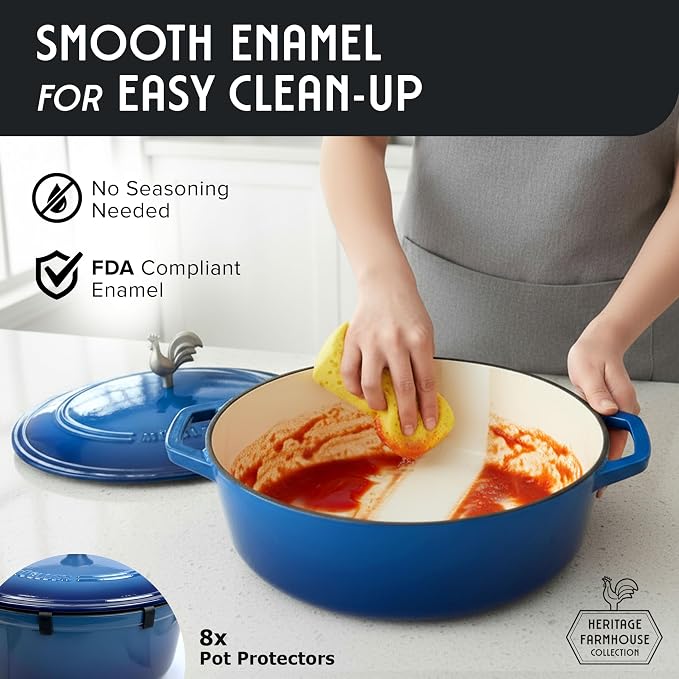 MUELLER HOME 5.5 Quart Enameled Cast Iron Oval Dutch Oven w Rooster Knob & Cotton Potholders, Heavy-Duty Cookware, Oven-Safe up to 500° F & Across All Cooktops, Gifts for Grandma & Women, Aqua Blue | w Rooster Knob & Cotton Potholders, Heavy-Duty Cookw...