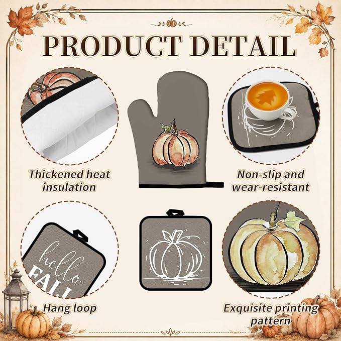 Fanfanwin 10 Pcs Fall Pumpkin Kitchen Decor and Accessories Set Kitchen Towels Pot Holders Oven Mitts and Rugs Set Thanksgiving Towels for Cooking Baking Gift Harvest Autumn Home Decor