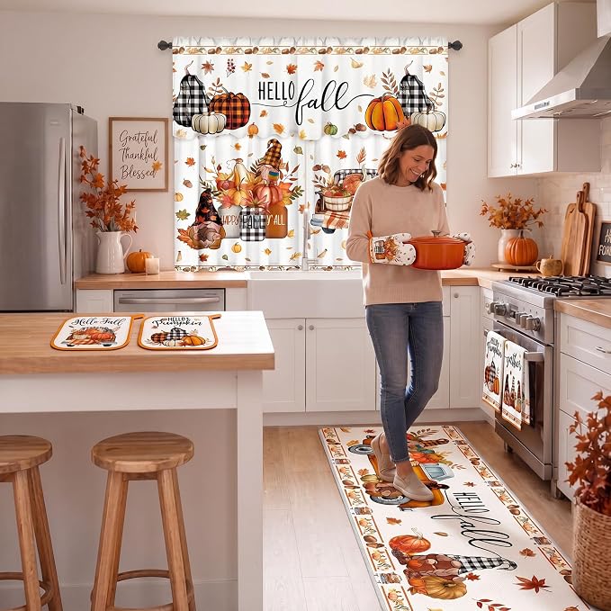 13 Pcs Fall Thanksgiving Kitchen Set with Pumpkin Towels Nonslip Mats Curtains Fall Valance Pot Holders Oven Mitts for Home Cooking Grilling Gift Harvest Autumn Home Decor