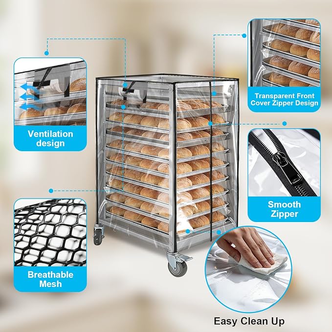 Bun Pan Sheet Rack Cover,Bread Speed Rack Cover with Zipper,Commercial Bakery Racks, 23"x28"x32"Clear PVC Waterproof Dustproof Bread rack Cover with Breathable Mesh Vent (10-Tier TPU)
