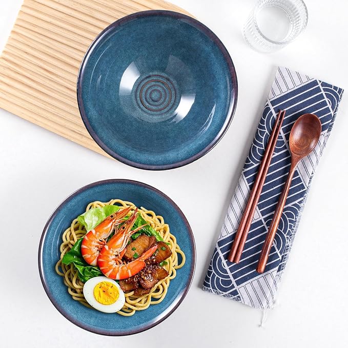 Ceramic Japanese Ramen Bowl Set, 2 Sets Asian Pho Udon Soup Noodle Bowls with Spoons and Chopsticks (Starry Blue, 8 inches)
