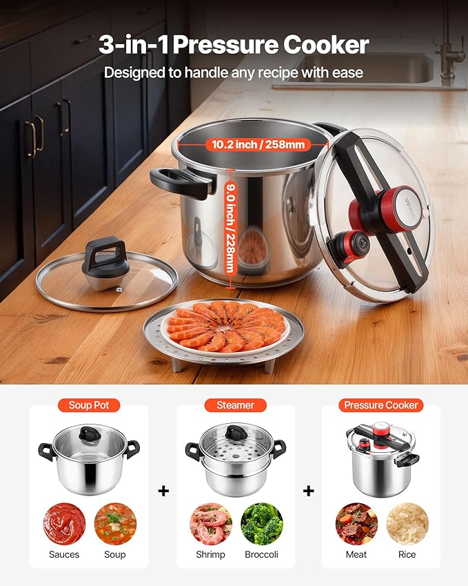 VEVOR Pressure Cooker, 12Qt Pressure Cooker Stainless Steel, Pressures Canner with Steaming Rack, Tempered Glass Lid, 3 Pressures Settings for Meat, Beans, Rice, Soup, Sauces, Cook up to 100 kPa