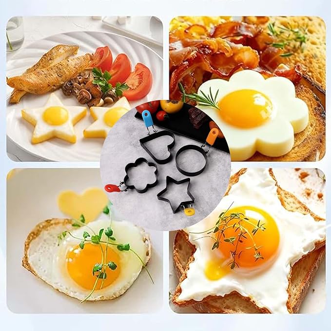 4 Pcs DelloidMaz Nonstick Stainless Steel Egg Rings of Different Shapes with 1 Oil Brush & 1 Egg Separator, Egg Molds Great for Frying and Shaping of Muffins, Pancakes, Sandwiches (4 shapes)