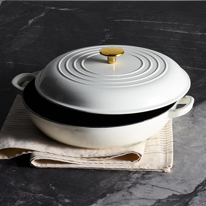CAROTE 3.4QT Enamel Cast Iron Cookware, Skillet with Lid, White Dutch Oven | Shallow Round Braiser Pan Oven Safe, Non-Toxic Pot for Grilling, Searing, Baking, Dual Handles, All Stovetop Compatible
