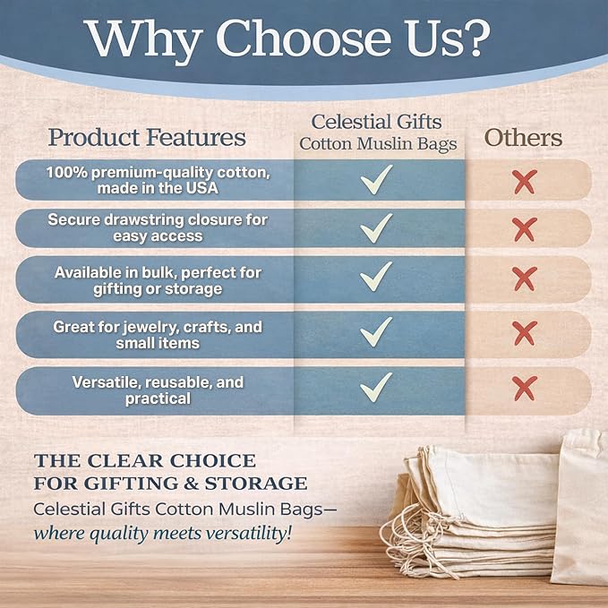 Celestial Gifts 100% Cotton Muslin Drawstring Bags, 25 Pcs, 5x8 Pouches | Made in USA, Natural Hem & Drawstring, Reusable Small Sachet Pouches for Party Favors, Glasses, Tea, Herbs & Crafts