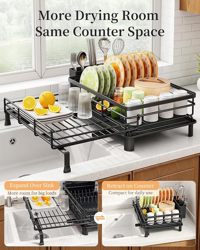SAYZH Expandable Dish Drying Rack for Kitchen Counter, Metal, Black | Foldable Over Sink, Large Capacity, Rust-Resistant, Adjustable for Most Sinks, Automatic Drainage, Removable Utensil Holder