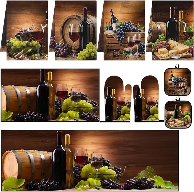 10 Pcs Red Wine Kitchen Decor and Accessories Set, 4 Dish Towels Kitchen Rugs 2 Oven Mitts 2 Pot Holders, Home Decor for Cooking Baking BBQ Gifts Women Mom Housewarming
