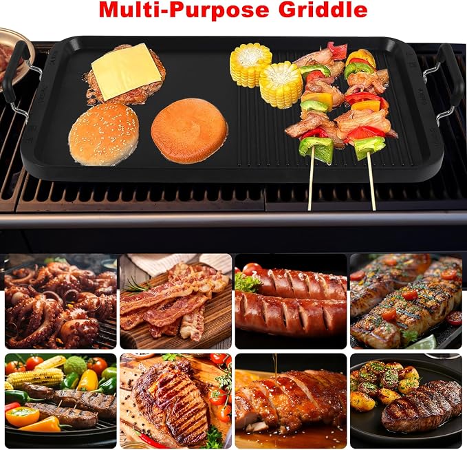 2-in-1 Stove Top Griddle & Grill Pan, 20 Inch Non-Stick Double Burner Griddle for Gas, Electric, and Camping Stoves, Perfect for Pancakes, BBQ, and Indoor/Outdoor Cooking