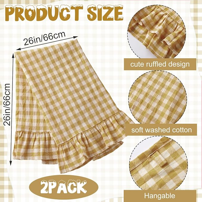 HunnmingRe 2 Pcs Yellow Pink Gingham Kitchen Towels Cotton Ruffled | Checked Dish Towels 18"x28" Tea Cloths Plaid Cottage Core Kitchen Decor for Farmhouse Charm Drying Dishes Entertaining Guests