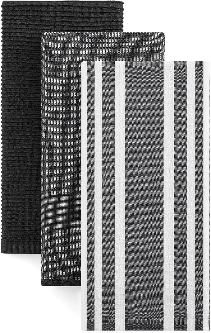Homaxy Cotton 380 GSM Premium Kitchen Towels, 18"x 28", 3 Pack, Black | Soft and Absorbent Terry Dish Towels, Multipurpose Tea Towel Set with Hanging Loop, 3 Styles Kitchen Hand Towels