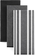 Homaxy Cotton 380 GSM Premium Kitchen Towels, 18"x 28", 3 Pack, Black | Soft and Absorbent Terry Dish Towels, Multipurpose Tea Towel Set with Hanging Loop, 3 Styles Kitchen Hand Towels