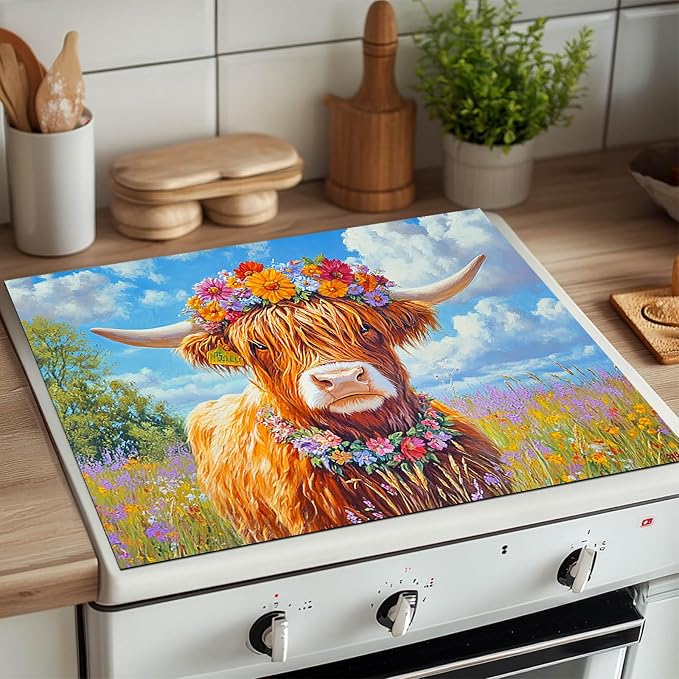 HOMETITUTE Highland Cow Stove Top Cover 28x20 Floral Field Diatomite Mat