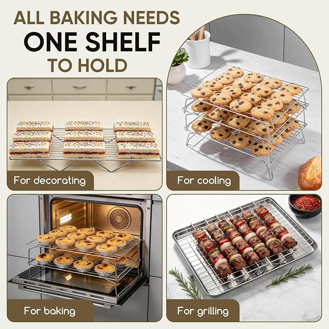 Herogo 5-Tier 15" x 10" Cooling Rack, Stainless Steel Baking Rack for Cookies, Cupcakes, and Pastries, Collapsible Space-Saving Design, Dishwasher Safe, Ideal for Baking, Roasting, and Drying