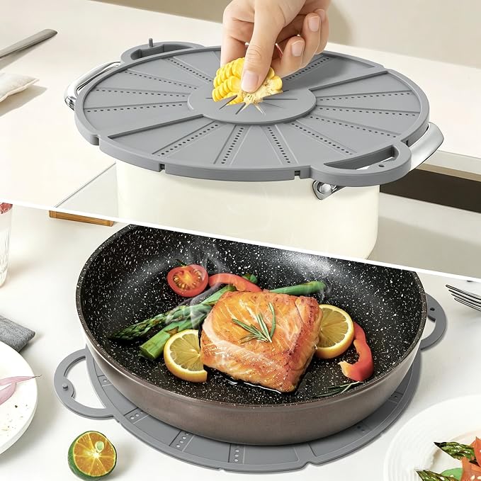 Foldable Silicone Splatter Screen for 10-12 Inch with Handle，Gray | Foldable Splash Guard, Multi-Use Grease Splatter Guard, Non-Stick Oil Splatter Guard, Dishwasher Safe, BPA Free