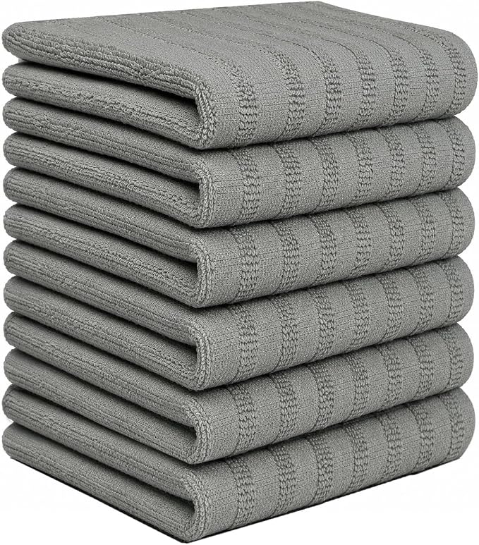 Premium Kitchen Towels 6 Pack 100% Cotton, 20"x28" - Grey Solid | Large 450 GSM Terry Dish Towel, Kitchen Hand Towels with Hanging Loop, Highly Absorbent for Washing and Drying Dishes