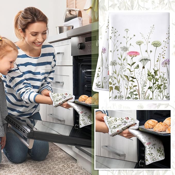 4 Pcs Wildflower Kitchen Towels Floral Hand Tea Towels Gifts | White Green Leaves Dishcloths Fast Drying Decorative Set Decor Housewarming Gift for Cooking Kitchen Bathroom