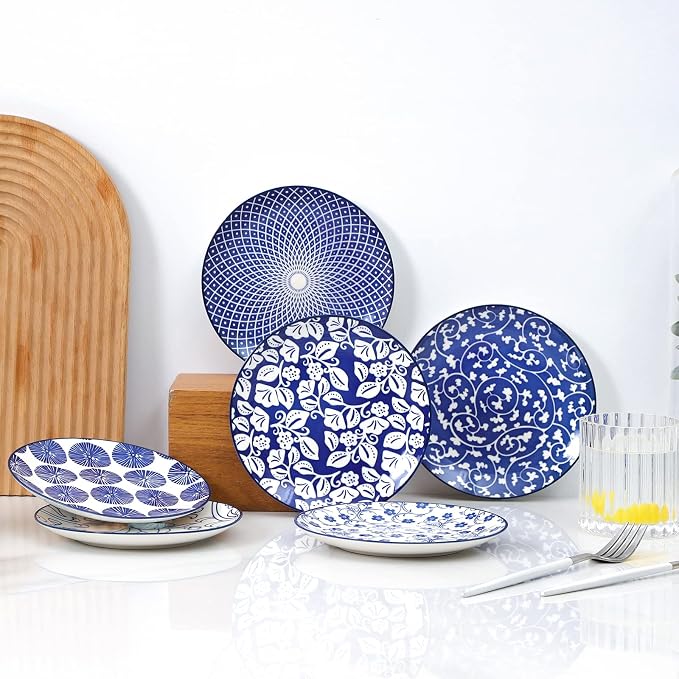 Selamica Ceramic Dessert Plates Set of 6, 6 Inch Small Plates, Vintage Blue | Appetizer Plates for Kitchen, Microwave & Dishwasher Safe