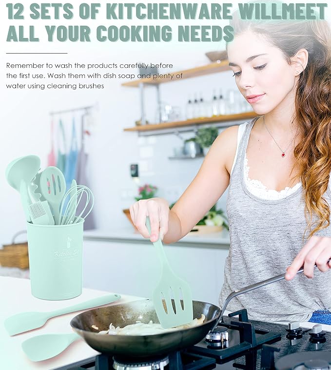 Kitchen Utensils Set-12 Pieces Silicone Cooking Utensils Set (Dishwasher Safe) 392°F Heat Resistant Spatula Set,Kitchen Utensil Set for Nonstick Cookware,Best Kitchen Tools with Holder | Dishwasher Safe 392°F Heat Resistant Spatula Set Kitchen Utensil ...