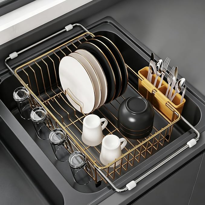 JASIWAY Gold Dish Drying Rack in Sink, Dish Drainer with Utensil Holder | Over The Sink Expandable Stainless Steel Strainer Dryer Rack for Small Kitchen, Counter Space Saving, Fast Drain, Rustproof