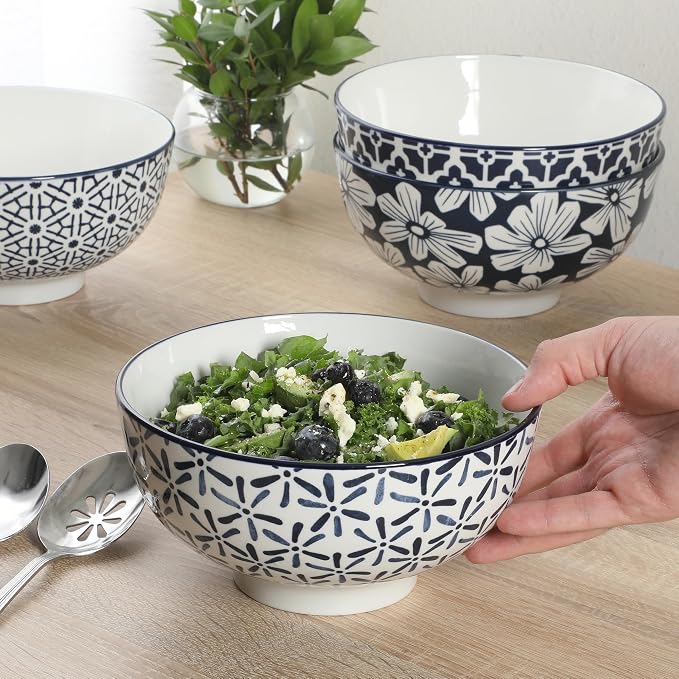 Gibson Home Castle Way 4-Piece Large Serving Bowl Set, 8 Inch Round Stoneware Bowls, Blue & White Assorted Pattern, Decorative Everyday Use