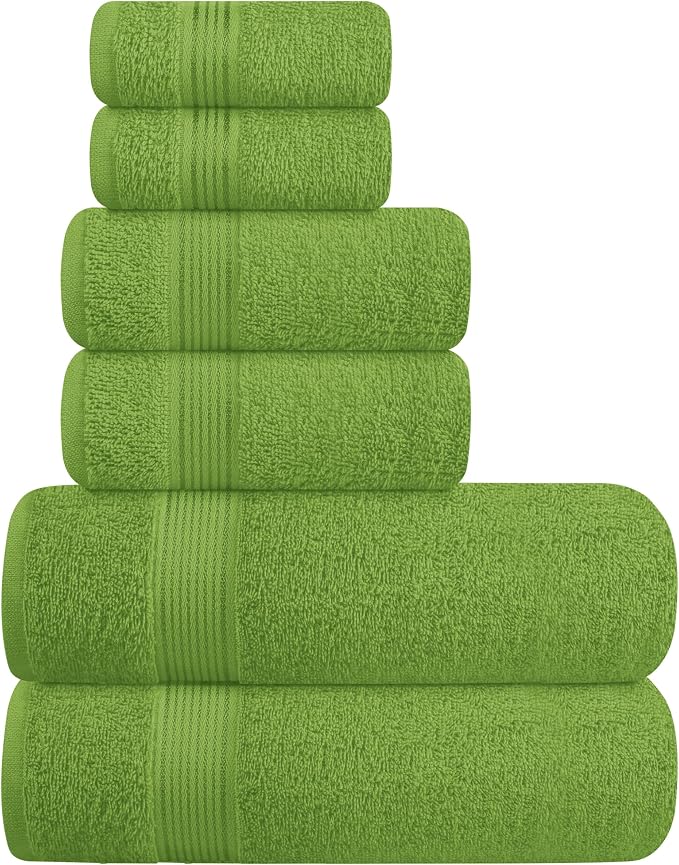Ultra Soft 6 Pack Cotton Towel Set, Contains 2 Bath Towels 28x55 inch, 2 Hand Towels 16x24 inch & 2 Wash Coths 12x12 inch, Ideal for Everyday use, Compact & Lightweight - Kiwi Green
