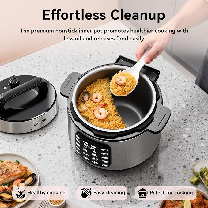 Carori 8 Qt Electric Pressure Cooker, 9-in-1 Multi-Cooker 1000W with IMD Touchscreen, Non-Stick Inner Pot, For Pressure/Slow/Rice Cooking, Steaming, Sauté & Keep Warm, Silver