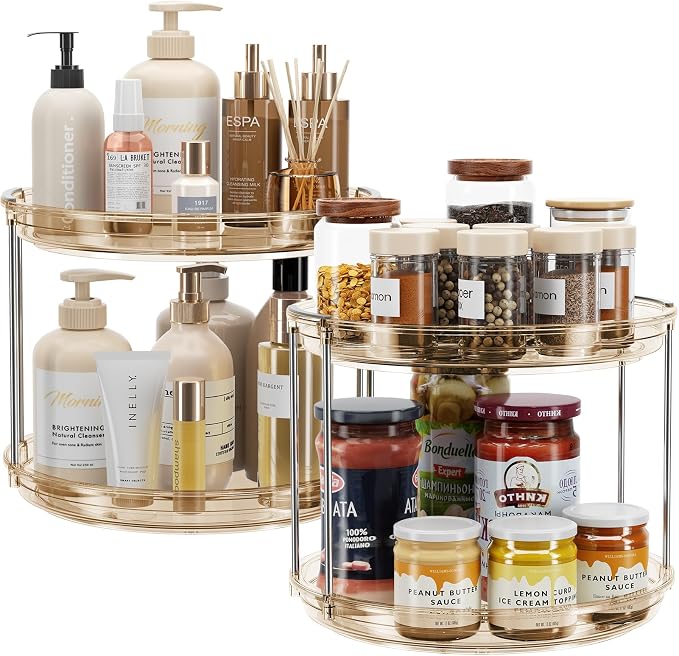LAMU 2 Pack 2 Tier Lazy Susan Turntable Organizer 9.25'' Rotating Spice Rack Organization for Cabinet, Kitchen, Pantry, Countertop, Bathroom, Vanity, Medicine Cabinet Organizer, Amber