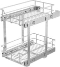 2 Tier Pull Out Cabinet Organizer 11" W X 17" D, Chromed, Full Slide Out | For Kitchen Organizers and Storage, Pull Out Drawers For Cabinets Capacity Heavy Duty Caddy, Cabinet Shelves, Bathroom Pantry
