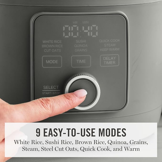 Martha Stewart 8 Cup Cooked (4 Cup Uncooked) Rice Cooker & Steamer, Caviar | PFAS-Free Ceramic Nonstick Removable Pot, 9 Modes, Keep Warm, Steamer, White & Brown Rice, Quinoa, Grains, Oats, Easy Clean