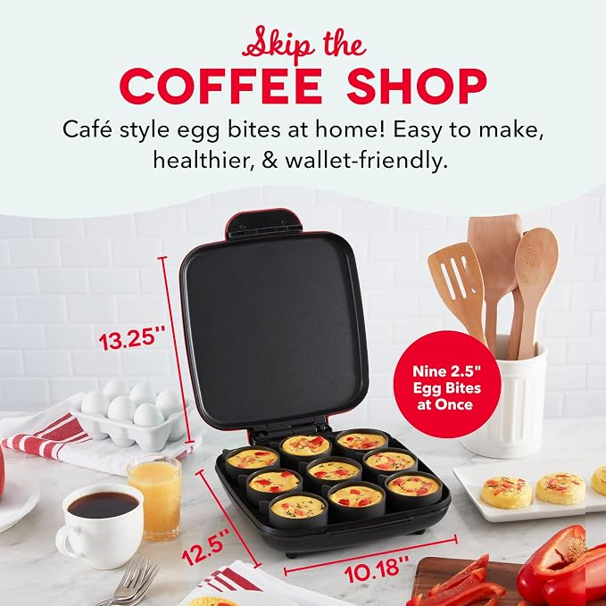 Dash Family Size Egg Bite Maker - Electric Egg Bite Maker with Non-Stick Silicone Cups - Space-Saving Design & Quick Cleanup - Make Sandwiches, Healthy Snacks & Desserts - 9 Servings, Red