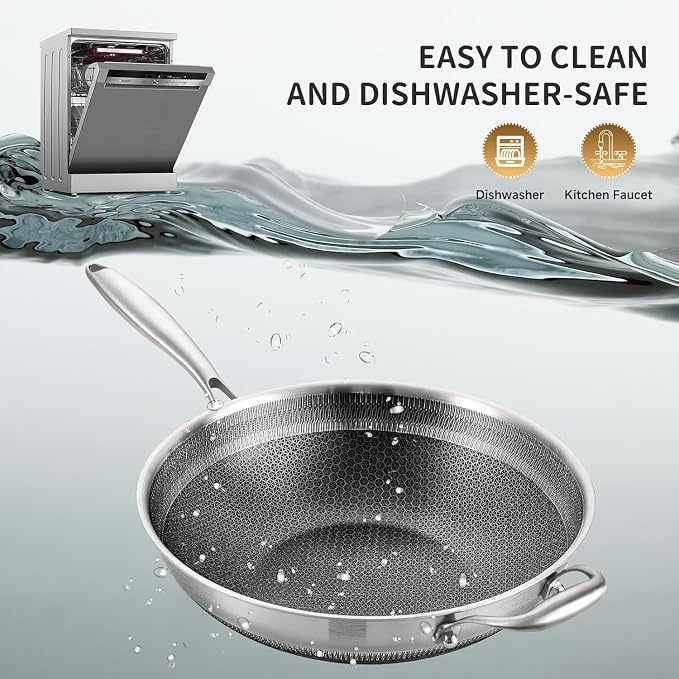 Hybird Nonstick Wok Pan with Steel Lid | 14.5-Inch | Detachable Handle | Non Toxic | Tri-Ply Stainless Steel | Ceramic Coating | Stir Fry Pan | Induction Compatible | Dishwasher & Oven Safe