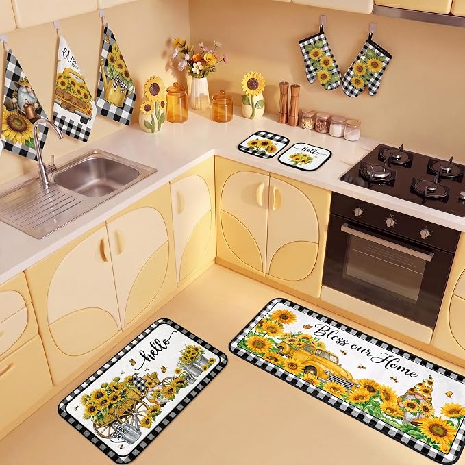 Tieshankao 10Pcs Sunflower Kitchen Decor Accessories Set | Black Checkered Sunflower Theme, Kitchen Towels, Oven Mitts, Pot Holders, Rugs and Mats, Baking Supplies, Housewarming Gifts