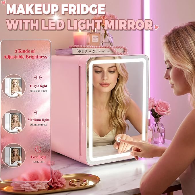Kikihouse 16L/20L Skincare Fridge with LED Mirror, Small Fridge for Makeup | Portable Skin Care Fridge for Beauty, Cosmetics, Personal Mini Refrigerator for Food, Office, Dorm, Car, Cooler & Warmer