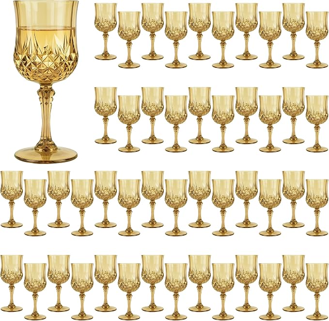 48Pack Plastic Wine Glasses, 7oz Vintage Goblets for Wedding | Unbreakable Crystal Style Reusable Stemware, Elegant Gold Drinking Glass for Party Anniversary & Holiday Celebration