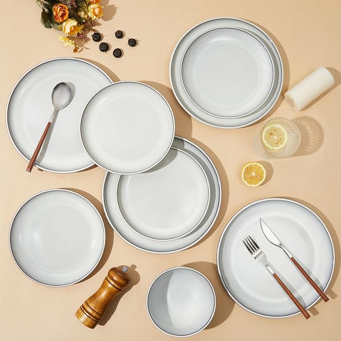 12 piece Santorini Mist Terracotta Reactive Glaze Plates and Bowls Sets, Stoneware Dinnerware Sets, Microwave and Dishwasher Safe Ceramic Dish Set Service for 4, Moonstone White