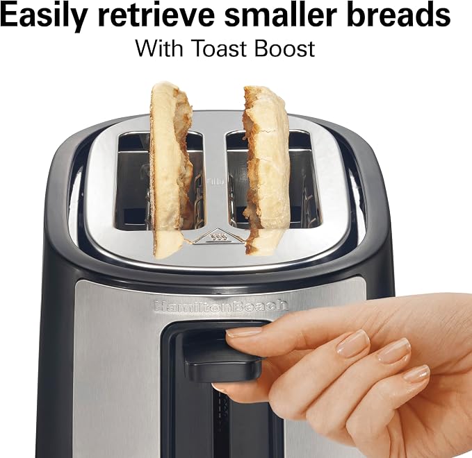 Hamilton Beach Extra-Wide Slot 2 Slice Toaster With Bagel & Defrost Buttons | Browning Control With 7 Shades | Auto Shutoff | Toast Boost | Slide-Out Crumb Tray | Black & Stainless Steel | 22633G