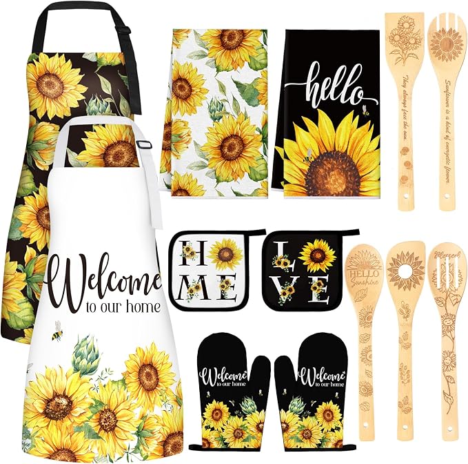 Bencailor 13 Pcs Sunflower Kitchen Decor Black and White Flower Apron Dish Towels Oven Mitt and Pot Holder Set Sunflower Kitchen Accessories for Farmohouse Home Decor