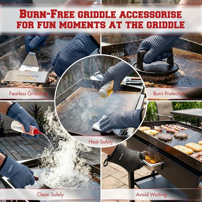 KITCHEN PERFECTION Silicone Griddle Grill Gloves Heat Resistant Oven Mitts | Waterproof, 5-Finger Design For A Better Grip, Best Griddle Grilling Accessories, Compatible with Blackstone, Weber & More